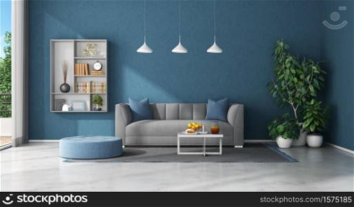 Minimalis living room with sofa and bookcase on blue wall - 3d rendering. Blue living room with sofa and bookcase