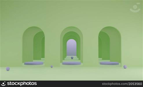 Minimalism abstract cylindrical geometric mock up podium showcase stage with arch tunnel doors for product promotion advertising presentation display 3D rendering illustration