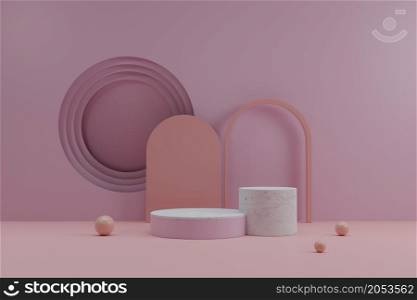 Minimalism abstract geometric mock up podium showcase stage with stepped circular window tunnel backdrop for product promotion advertising presentation or cosmetic product display 3D rendering illustration