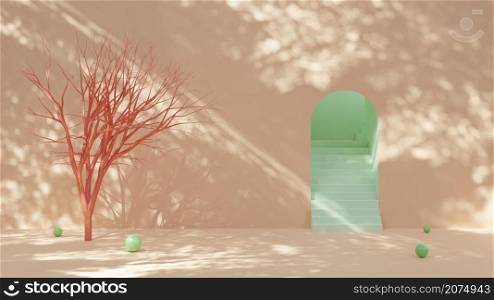 Minimalism abstract light green arch door and staircase with dead tree and natural light and shadow shine on the wall and floor for product promotion advertising presentation display 3D rendering illustration
