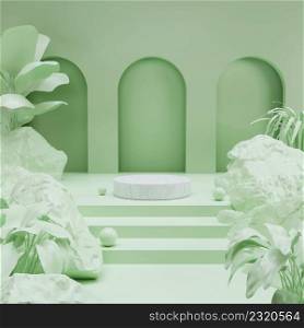 Minimalism cylindrical marble product display podium with tropical plants and rock on green background for cosmetic product presentation 3D rendering illustration