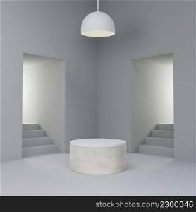 Minimalism cylindrical white marble display podium among concrete hallway and stair entrance for product presentation 3D rendering illustration