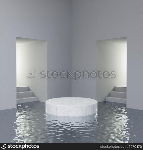 Minimalism cylindrical white marble display podium with water surface among concrete hallway and stair entrance for product presentation 3D rendering illustration