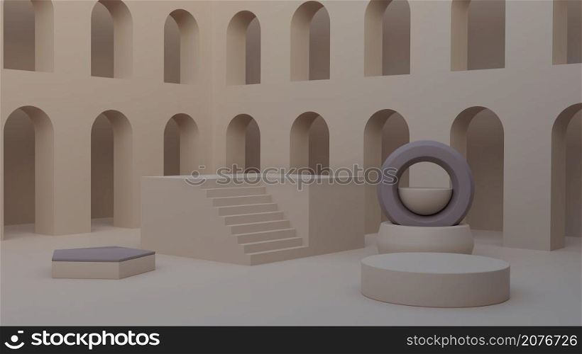 Minimalism empty geometric product showcase cylindrical and hexagonal platform with staircase podium among building with arch doors in background 3D rendering illustration