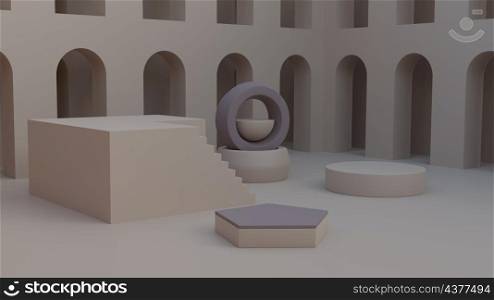Minimalism empty geometric product showcase cylindrical and hexagonal platform with staircase podium among building with arch doors in background 3D rendering illustration