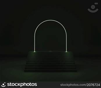 Minimalism empty product showcase platform with staircase podium and arch neon light tube 3D rendering illustration