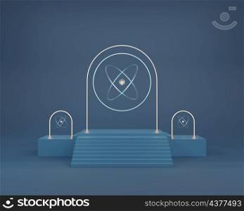 Minimalism empty product showcase platform with staircase podium and arch neon light tube 3D rendering illustration
