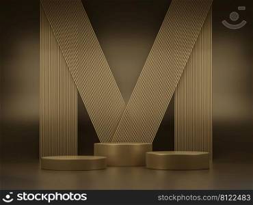 Minimalism golden abstract pedestal podium with geometric pipe stacks and  background for product presentation 3D rendering illustration