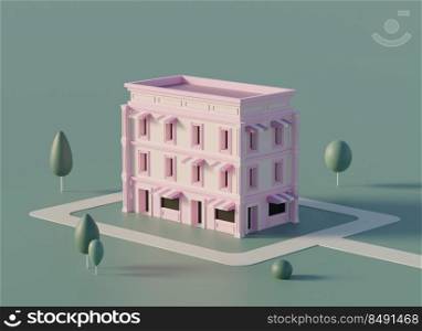 Minimalism pink modern building with roman pillar and stripe awning among the road and trees 3D rendering illustration