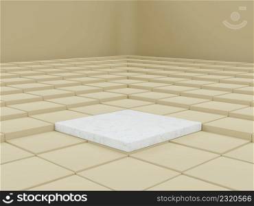 Minimalism square white marble product display podium with beige step cube background 3D rendering illustration