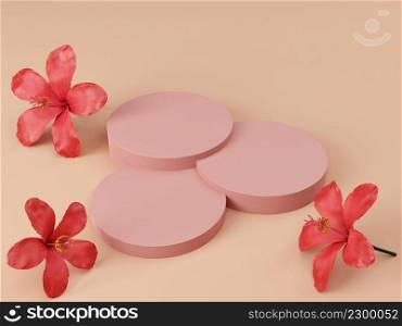 Minimalism step round product display stage with hibiscus or rose mallow flowers for cosmetic product presentation 3D rendering illustration