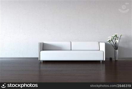 Minimalism: white couch and vase by the wall (3d minimalism HQ interiors with copy spaces series)