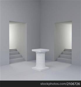 Minimalism white marble roman greek column display podium among concrete hallway and stair for product presentation 3D rendering illustration