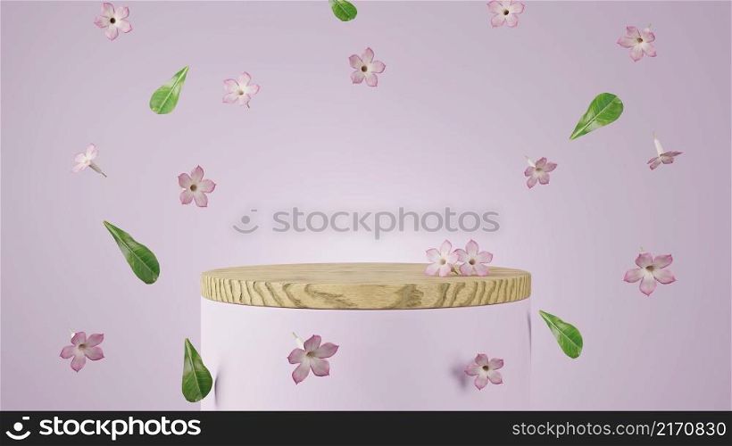 Minimalism wooden product display stage with desert rose Adenium Obesum flowers and leaves falling or levitate in midair with pink background 3D rendering illustration