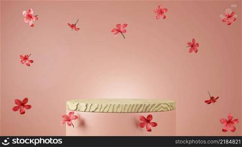 Minimalism wooden product display stage with hibiscus or rose mallow flowers falling or levitate in midair 3D rendering illustration