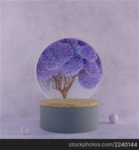 Minimalism wooden product display stage with round circular window and purple leaves tree for product presentation 3D rendering illustration
