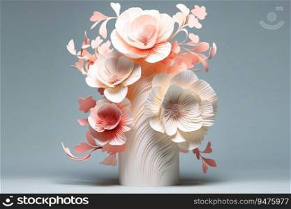 Minimalist 3D platform stand is decorated with bright floral elements, including branches, leaves, and flowers. The white background creates a modern and elegant look. Generative AI