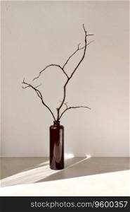 Minimalist aesthetic home interior decor, brown vase with dried branches on a table with sunlight shadows, elegant neutral still life, empty white concrete wall with copy space. Minimalist aesthetic home interior decor, brown vase with dried branches on table with sunlight shadows, elegant neutral still life, empty white concrete wall with copy space
