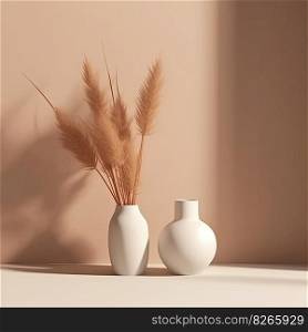 Minimalist background with vase and dry flowers. Illustration Generative AI 