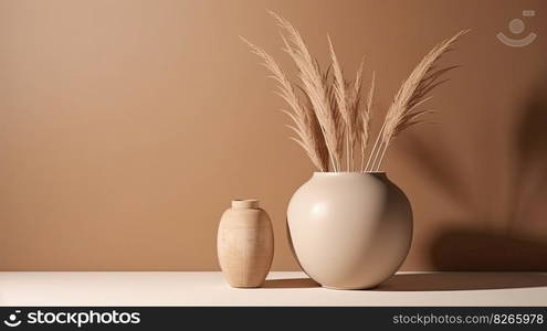 Minimalist background with vase and dry flowers. Illustration Generative AI 