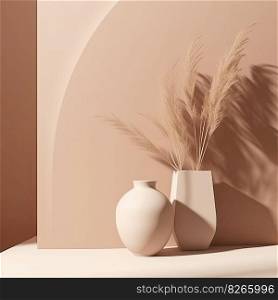 Minimalist background with vase and dry flowers. Illustration Generative AI 