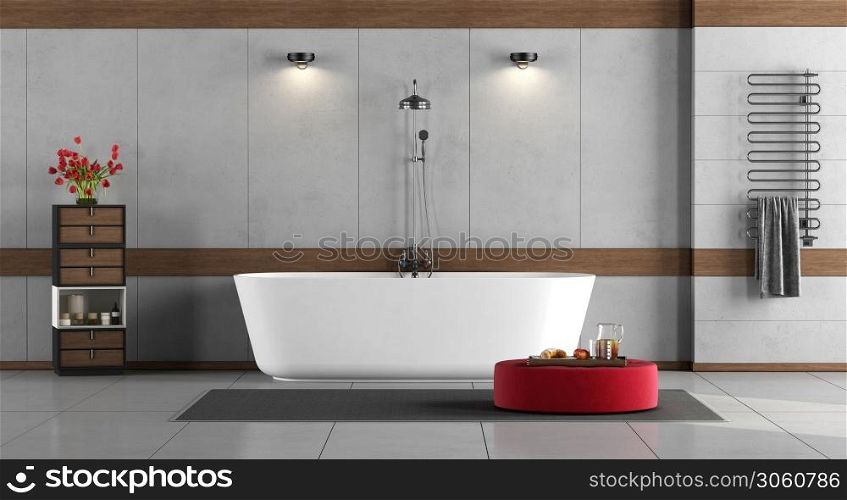 Minimalist bathroom with bathtub, ,shower, chest of drawers and radiator on concrete wall - 3d rendering. Minimalist bathroom with bathtub and shower