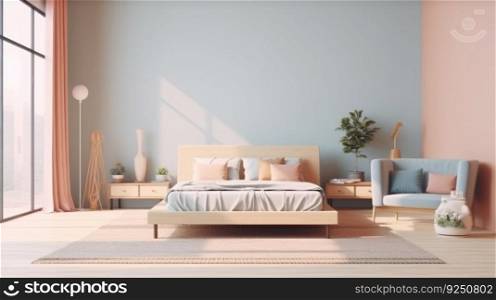 Minimalist bedroom in pastel colors. Illustration Generative AI 