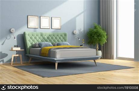 Minimalist bedroom with colorful double bed, blue walls and windows-3d rendering. Colorful double bed in a minimalist bedroom