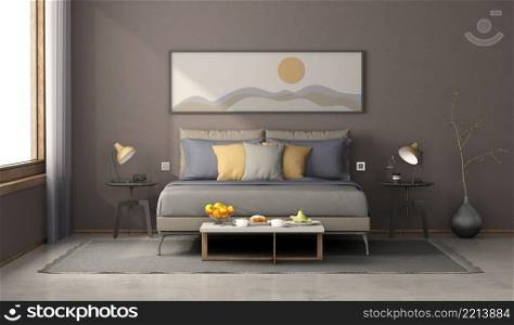 Minimalist bedroom with double bed against brown wall and frame with embossed decorations - 3d rendering. Minimalist master bedroom with modern double bed