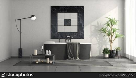 Minimalist black and white bathroom with elegant bathtub - 3d rendering. Minimalist black and white bathroom
