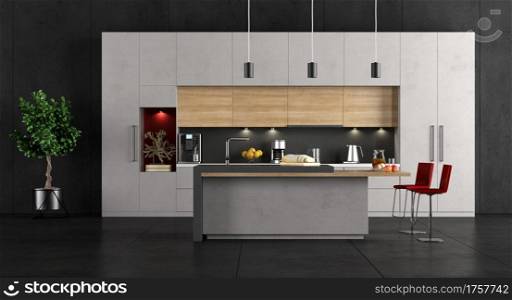 Minimalist concrete and wooden Kitchen in a black room - 3d rendering. Minimalist concrete and wooden Kitchen