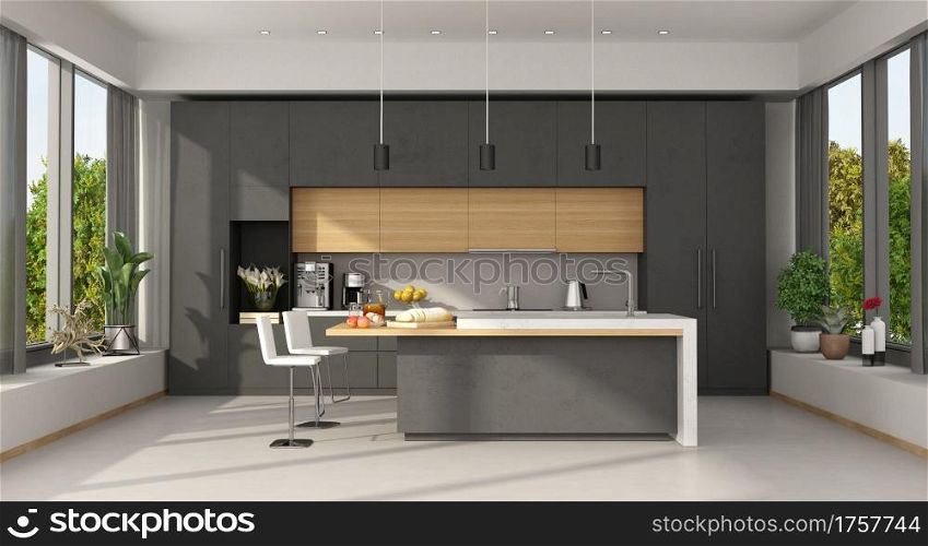 Minimalist concrete and wooden Kitchen with island and large windows - 3d rendering. Minimalist concrete and wooden Kitchen with island