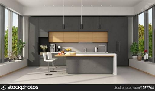 Minimalist concrete and wooden Kitchen with island and large windows - 3d rendering. Minimalist concrete and wooden Kitchen with island