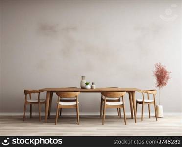 Minimalist Dining Space  Wooden Table, Chairs, and Soft Daylight Ambiance. Generative ai. High quality illustration. Minimalist Dining Space  Wooden Table, Chairs, and Soft Daylight Ambiance. Generative ai