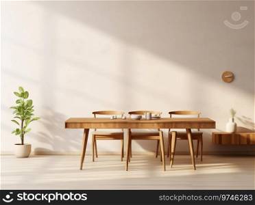 Minimalist Dining Space  Wooden Table, Chairs, and Soft Daylight Ambiance. Generative ai. High quality illustration. Minimalist Dining Space  Wooden Table, Chairs, and Soft Daylight Ambiance. Generative ai