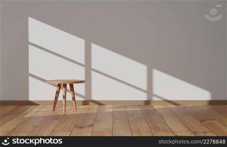 Minimalist empty room and wooden floor with light from window. 3d render