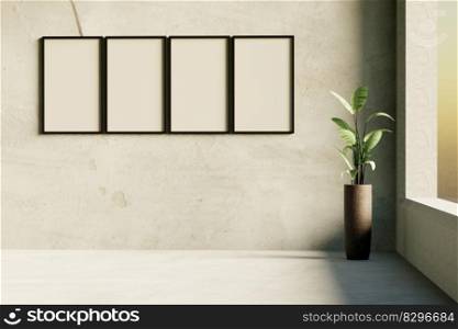 Minimalist empty room with concrete wall and floor and indoor green plants. Mockup frames on the wall 3d illustration