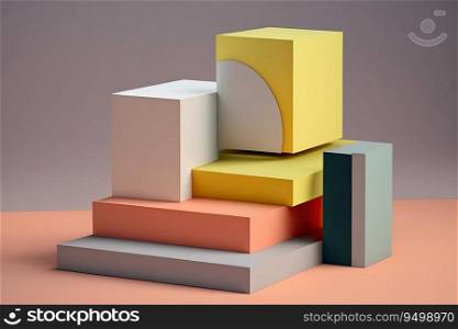 Minimalist geometric podium with vibrant color blocks copy space for text