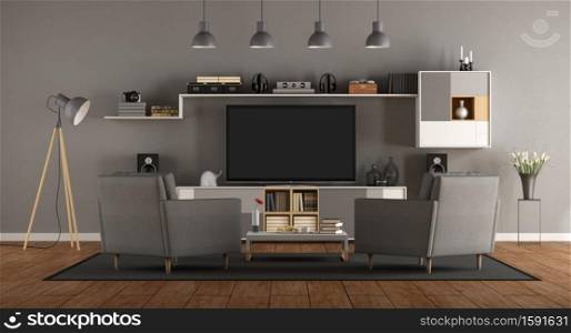 Minimalist gray room with home cinema system and two armchair -3d rendering. Minimalist gray room with home cinema system
