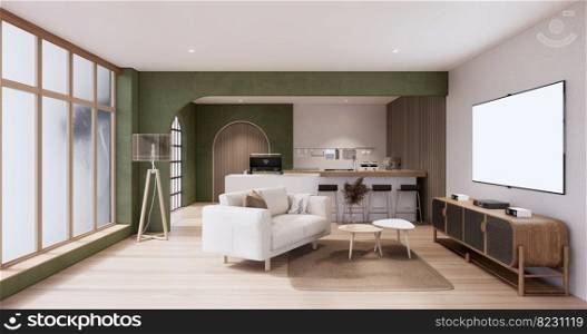 Minimalist Green Living Room muji style Interior Design have sofa wabisabi and decoration japandi.