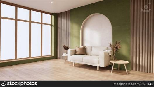 Minimalist Green Living Room muji style Interior Design have sofa wabisabi and decoration japandi.