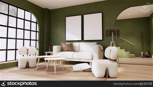 Minimalist Green Living Room muji style Interior Design have sofa wabisabi and decoration japandi. 3D rendering