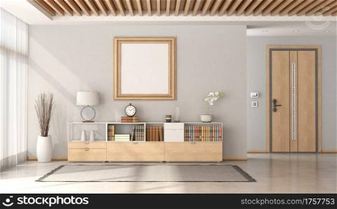 Minimalist home entrance with front door and sideboard with decor objects and wooden ceiling - 3d rendering. Minimalist home entrance with front door and sideboard