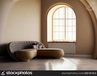 Minimalist home interior design of modern living room. Curved sofa against arched window