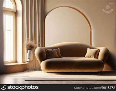 Minimalist home interior design of modern living room. Curved sofa against arched window