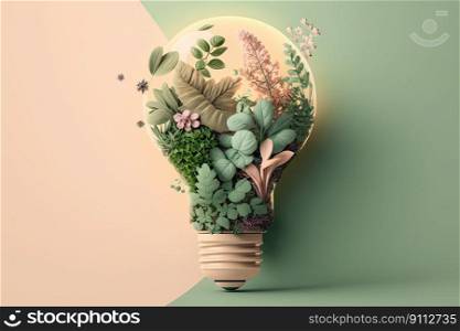 Minimalist image of a light bulb with beautiful plants inside to use as decoration. Generative AI