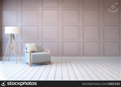 Minimalist interior design,blue armchair with white lamp on pink frame wall and white wood flooring , 3d render