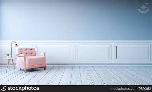 Minimalist interior design,light pink armchair with gold lamp on white frame with blue wall and white wood flooring , 3d render
