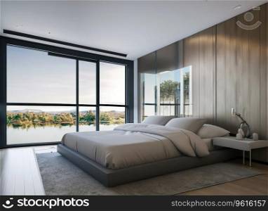  Minimalist interior design of modern bedroom with big panoramic floor to ceiling windows