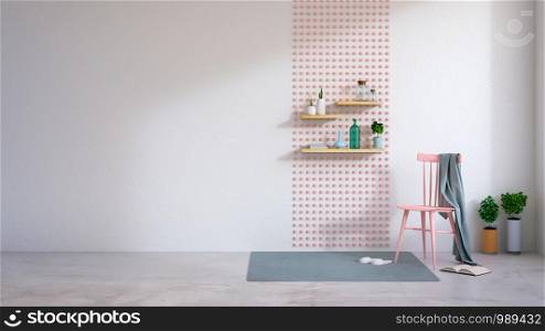 Minimalist interior design,white room with pink chair on concrete flooring , 3d render